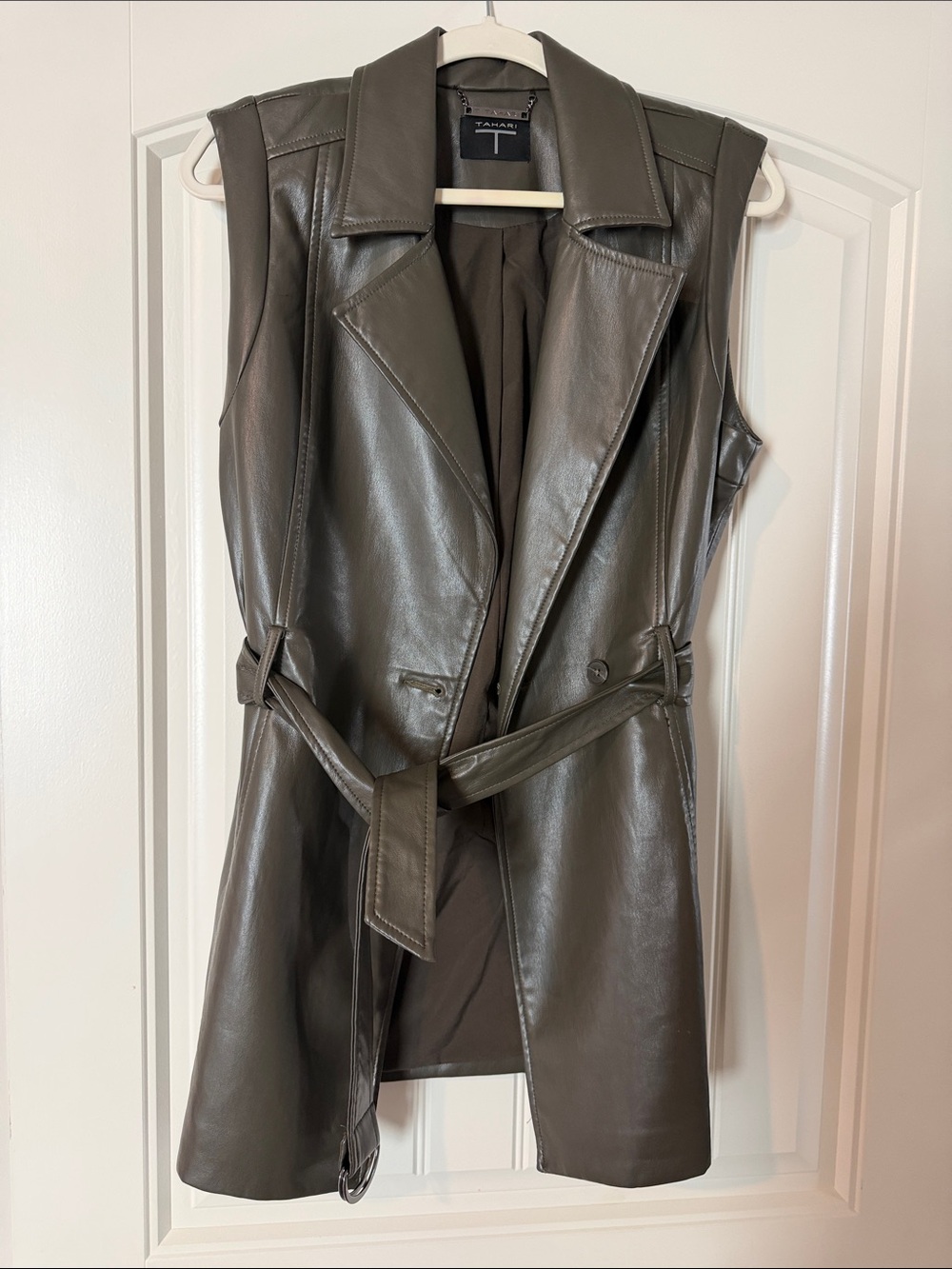 Tahari Olive Faux Leather Sleeveless Trench Vest